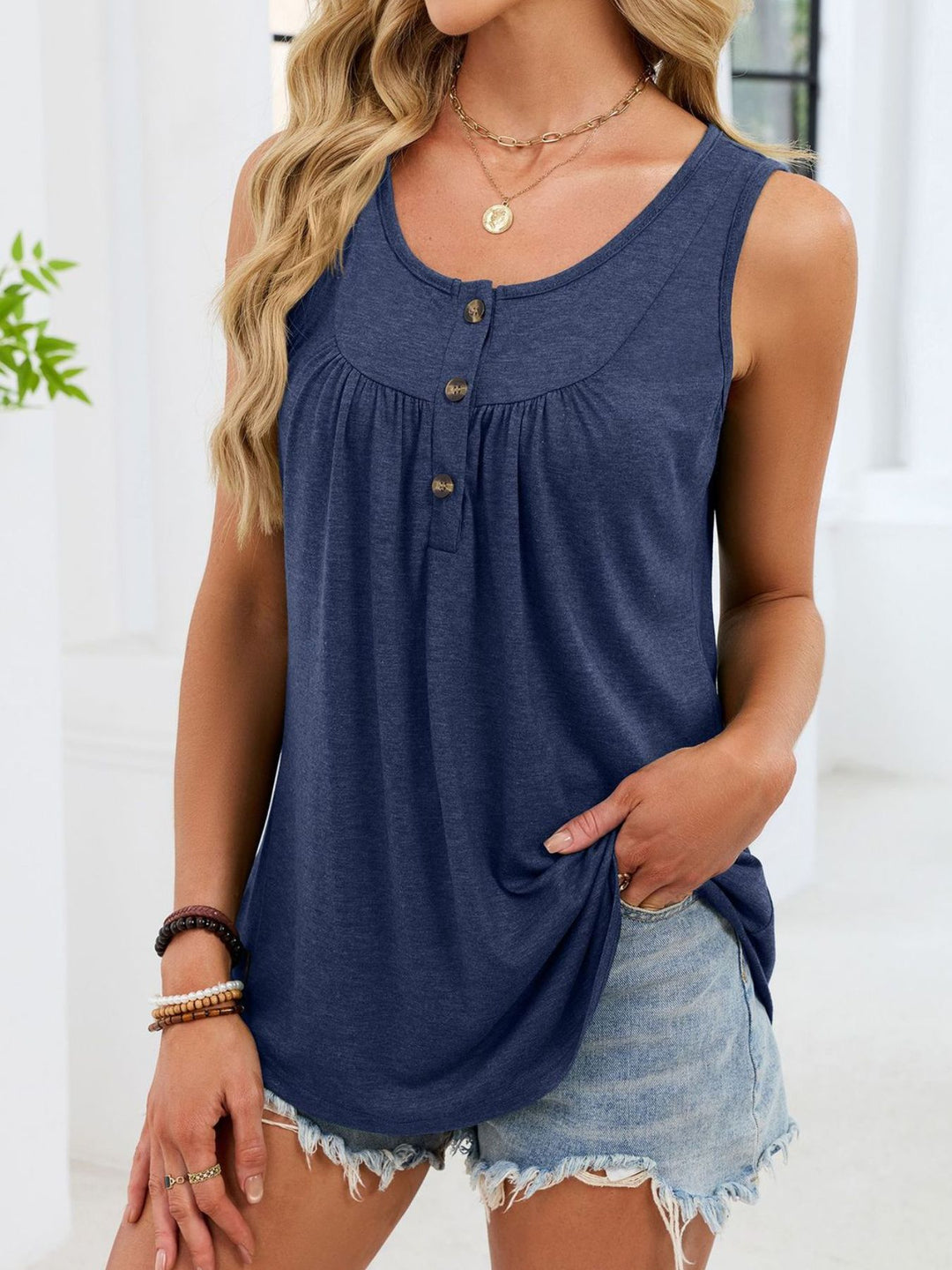Ruched button-front sleeveless round neck tank top
