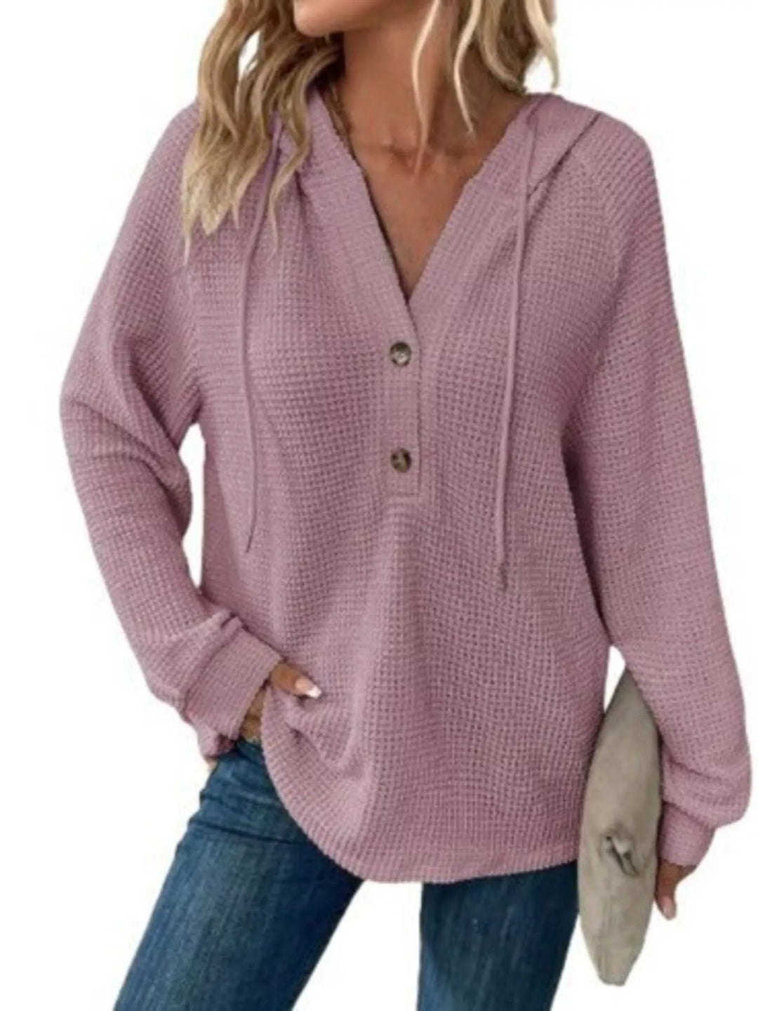 Purple Button-detail waffle knit hoodie with drawstring hood