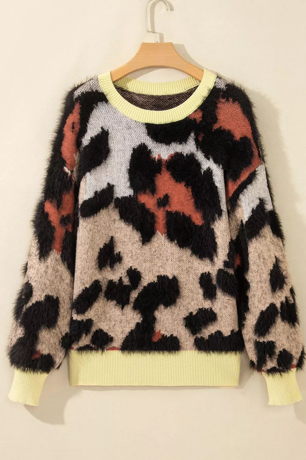 Fuzzy leopard print drop shoulder crew neck sweater