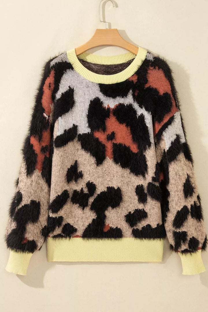 Fuzzy leopard print drop shoulder crew neck sweater