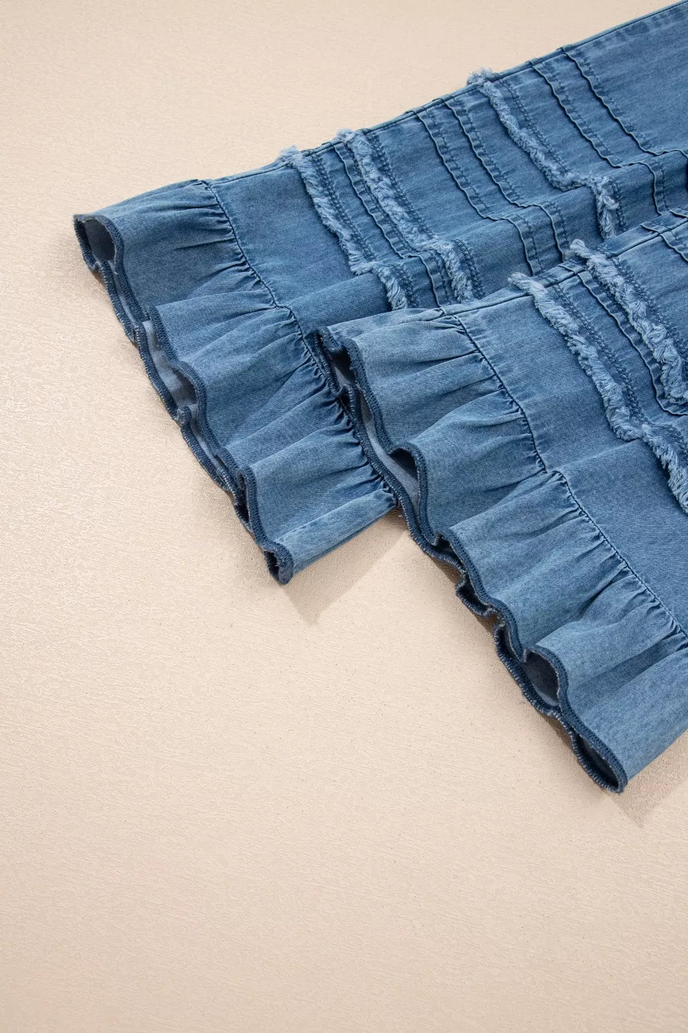 Wide-leg chambray pants with drawstring waist and ruffle hem