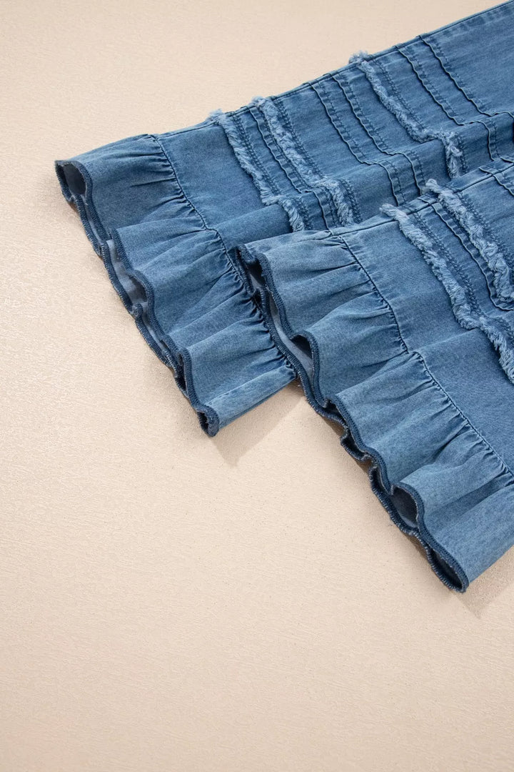 Wide-leg chambray pants with drawstring waist and ruffle hem