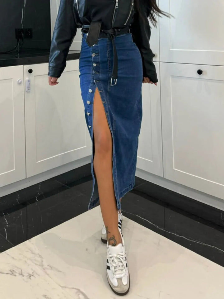 High-waist front-button slit midi denim skirt