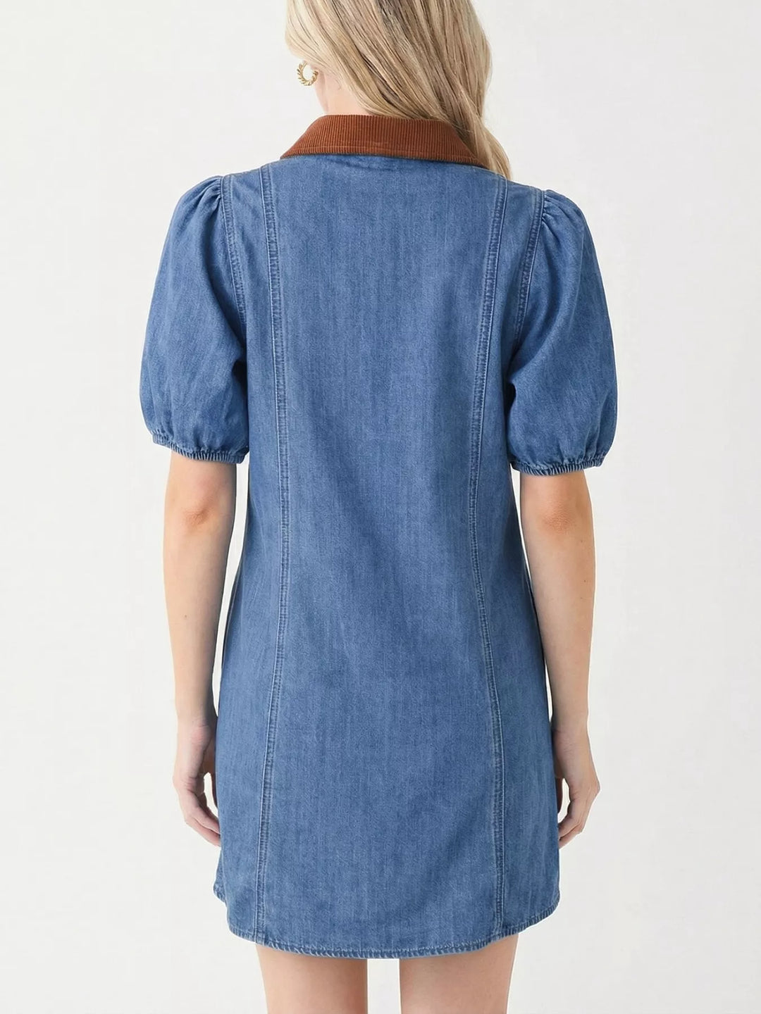 Button-down denim mini dress with puff sleeves and contrast collar