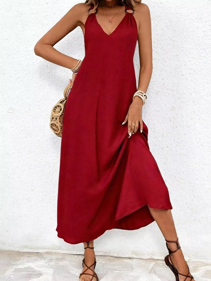 Ring-strap V-neck sleeveless flowy maxi dress