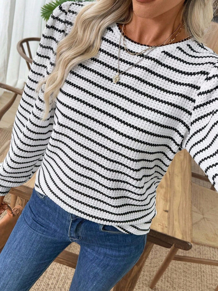Black Striped textured knit long sleeve crew neck top