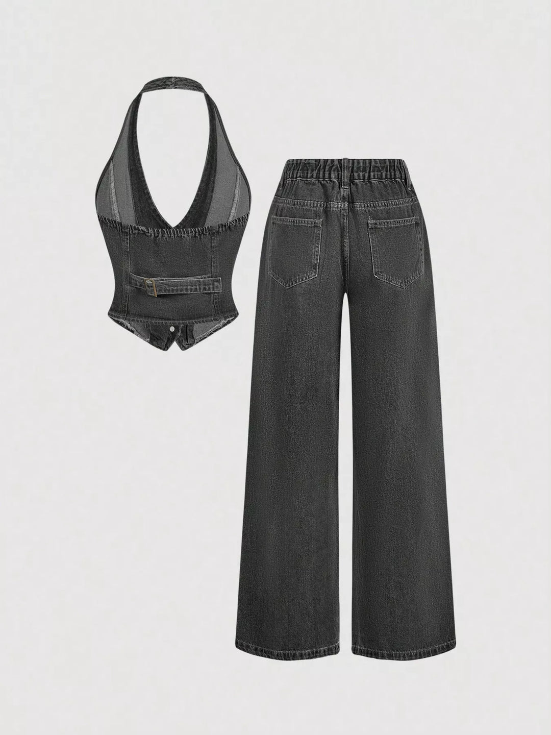 Halter denim vest and wide-leg jeans two-piece set