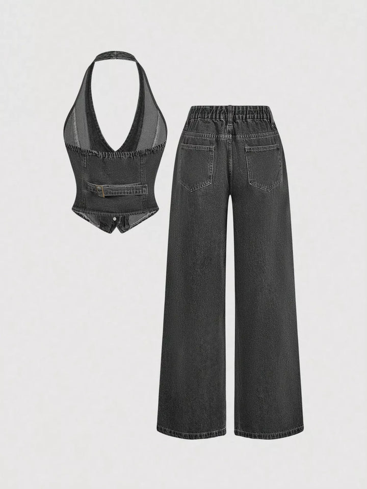 Halter denim vest and wide-leg jeans two-piece set