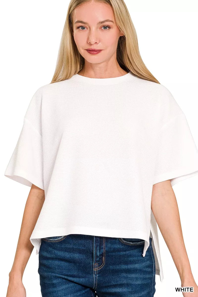 WHITE Short-sleeve double knit top with side slits and hi-low hem