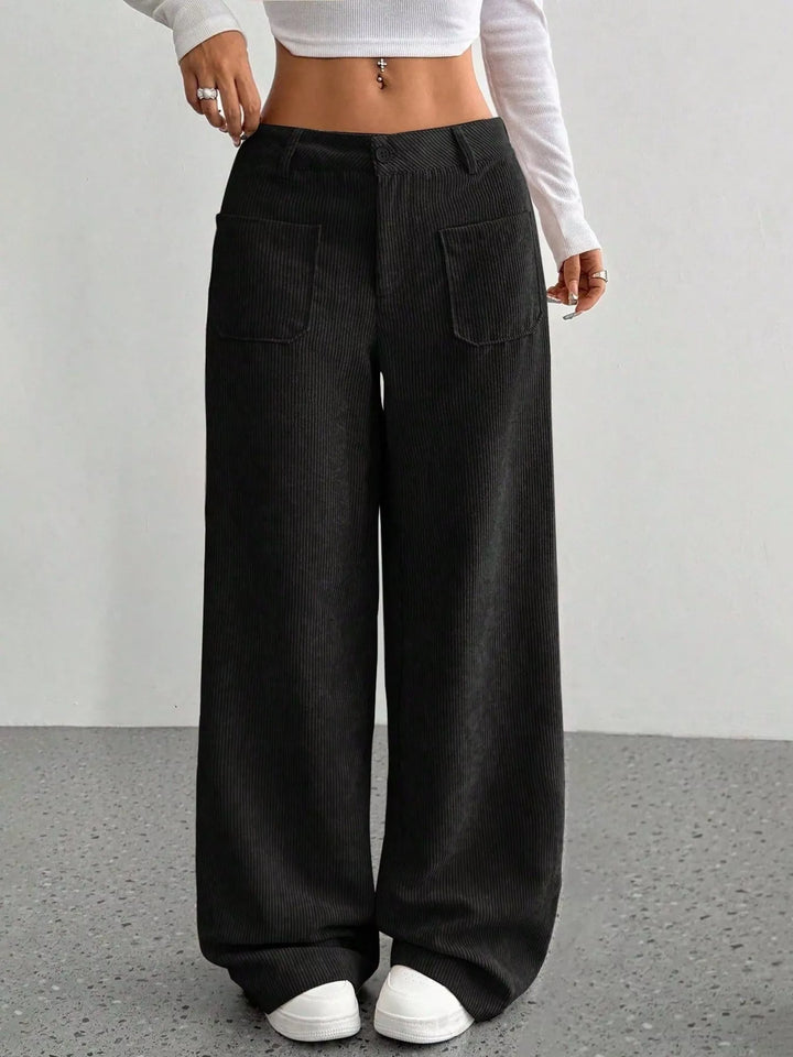 Black Wide-leg corduroy pants with front patch pockets