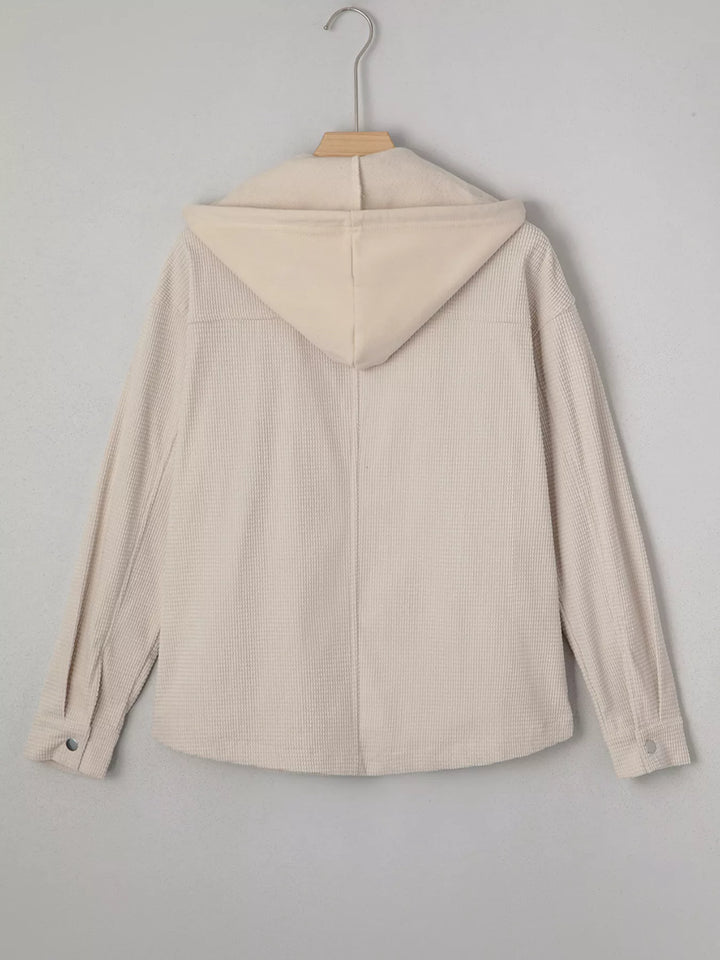 Waffle knit hooded jacket with snap flap pockets