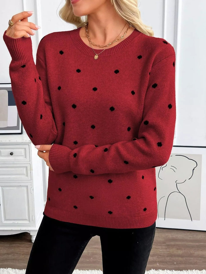 Polka dot knit crew neck pullover sweater
