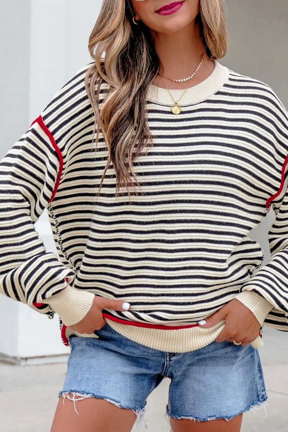 Striped drop shoulder oversized crew neck sweater