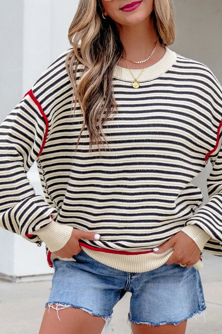 Striped drop shoulder oversized crew neck sweater
