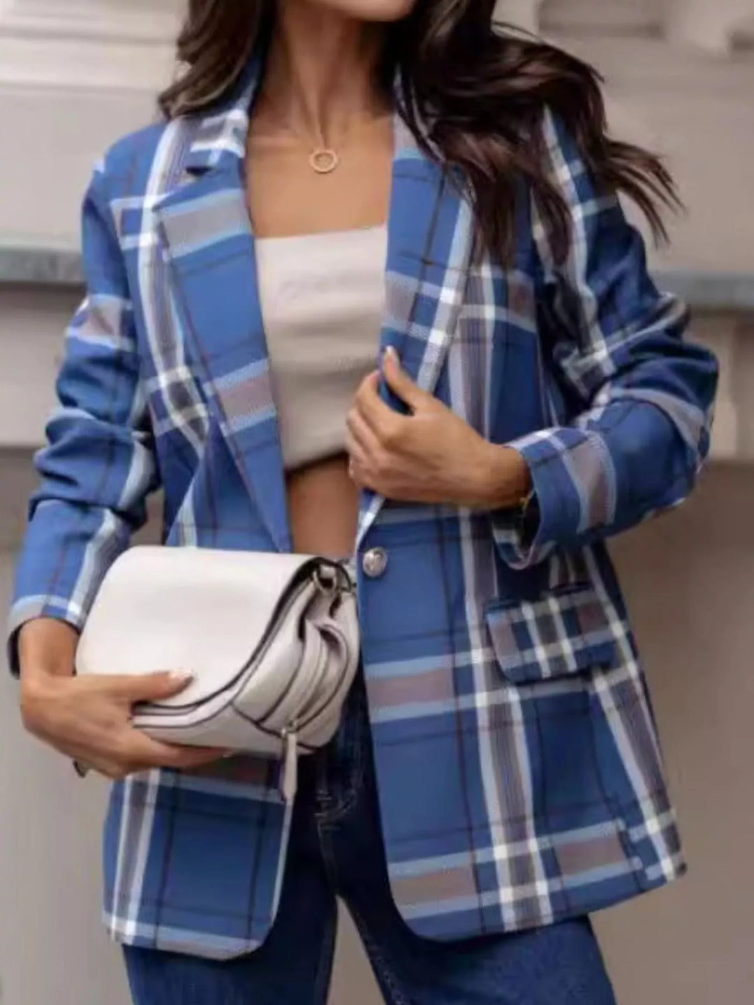 Plaid notch lapel blazer with flap pockets