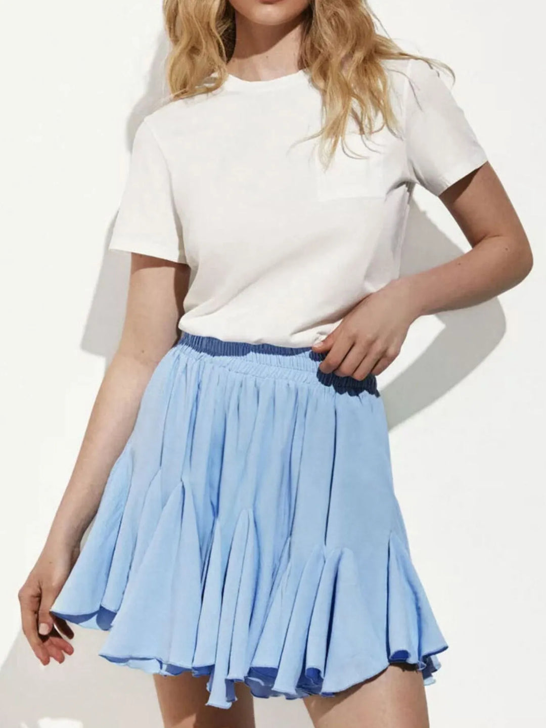 Ruffled hem flare mini skirt with elastic waist
