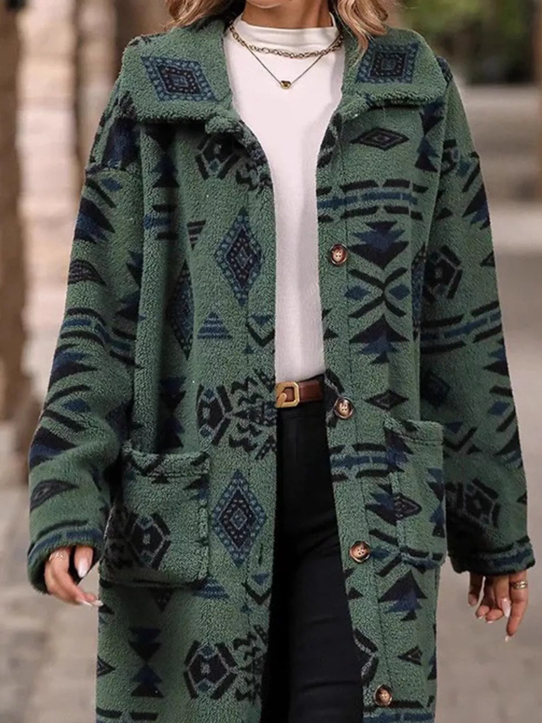 Aztec print button-up longline fleece coat