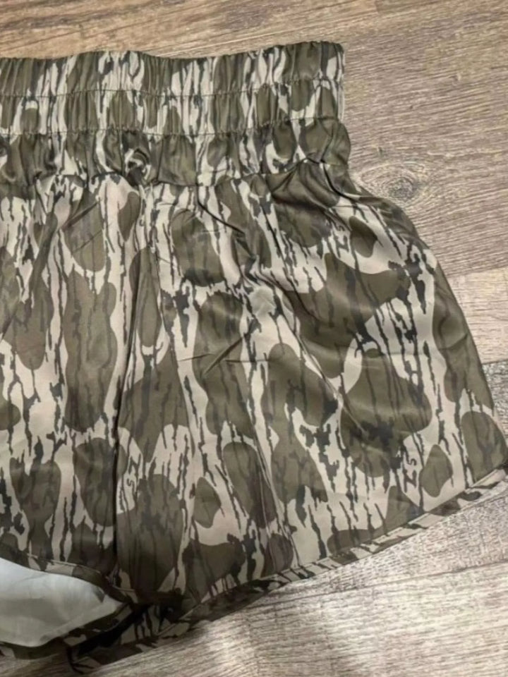 Camo print flowy running shorts with elastic waist