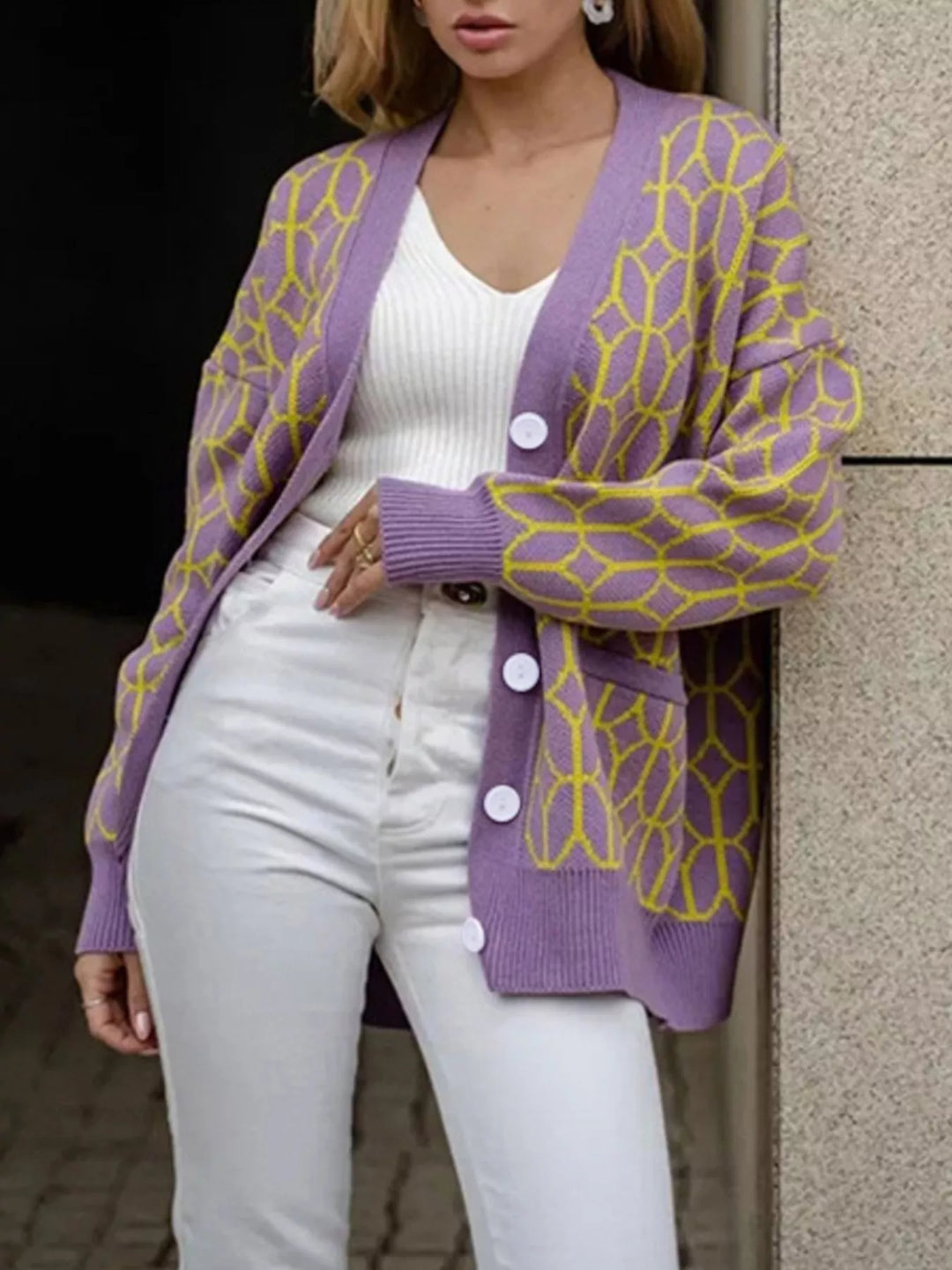Oversized geometric knit button-down cardigan with pockets