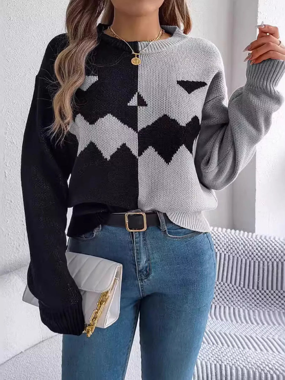 Gray Pumpkin face color block knit pullover sweater
