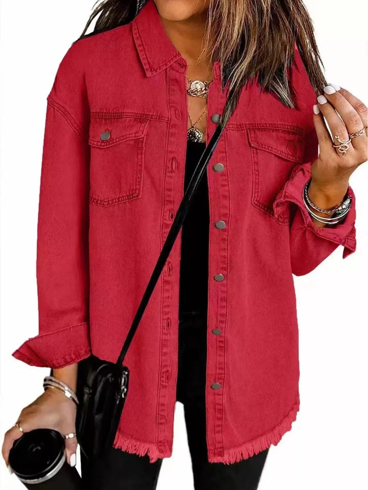Red Frayed raw hem button-up denim jacket with flap pockets
