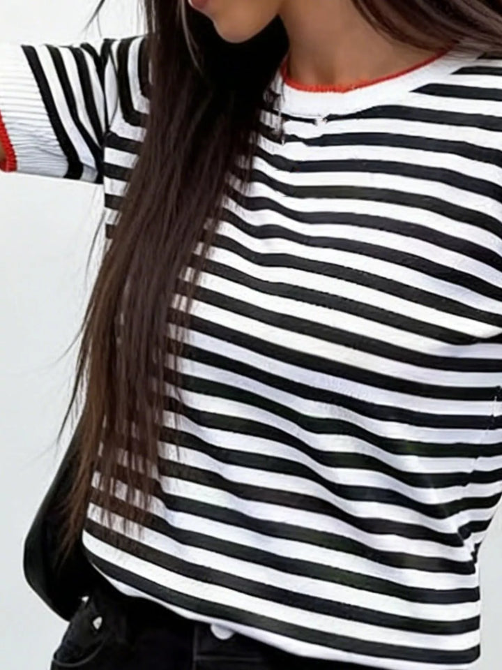 Striped short sleeve knit top with contrast ribbed trim