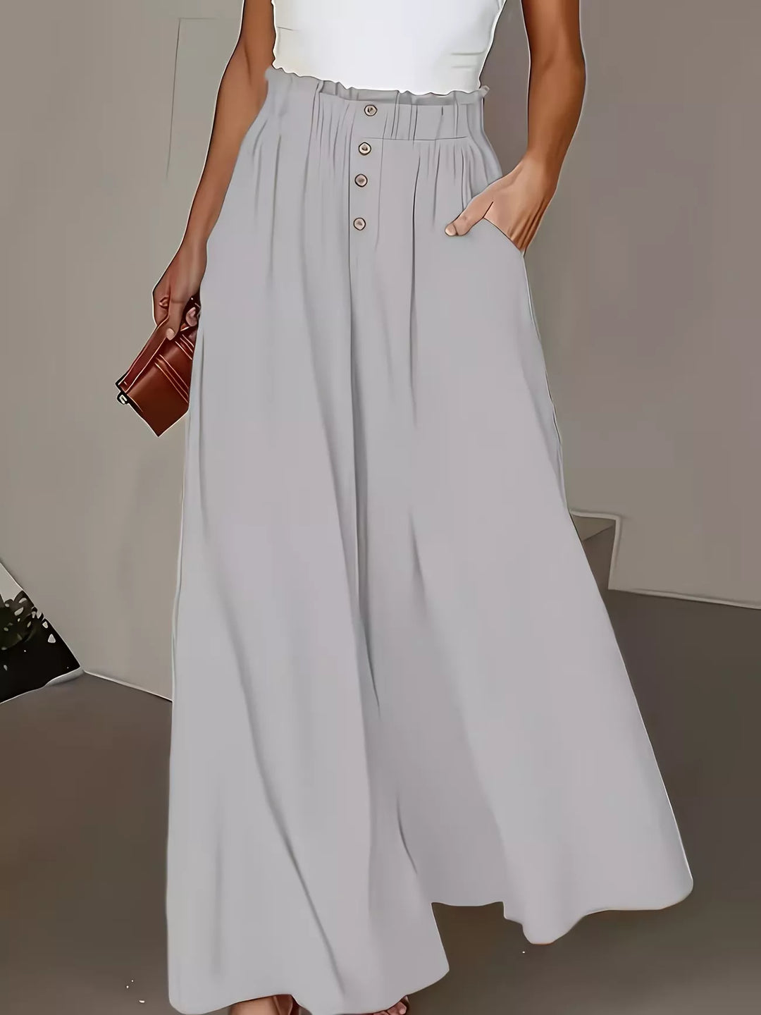Light Gray High-rise paper bag wide-leg pants with button front