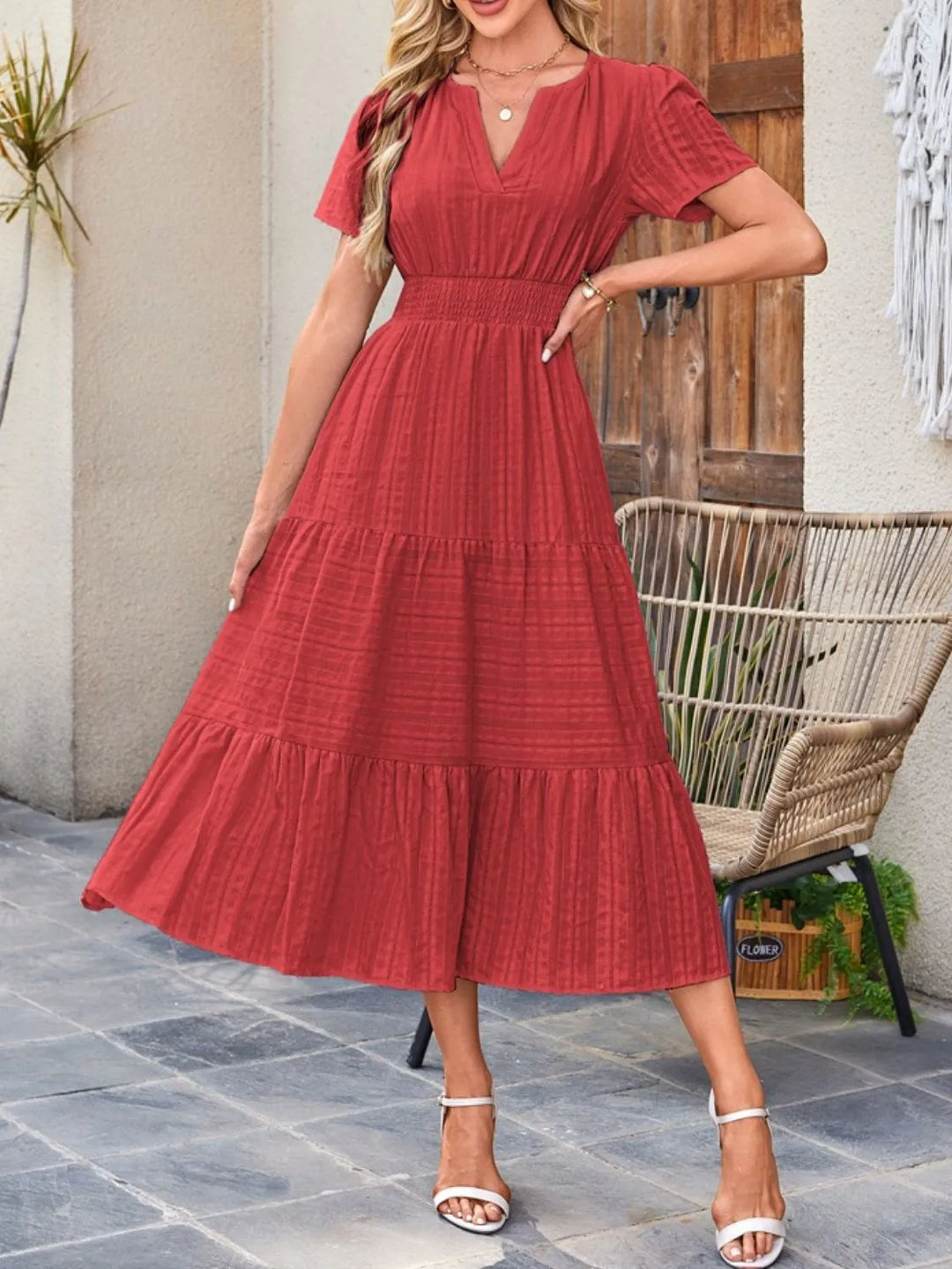 Tiered notched neck short sleeve midi dress with pockets