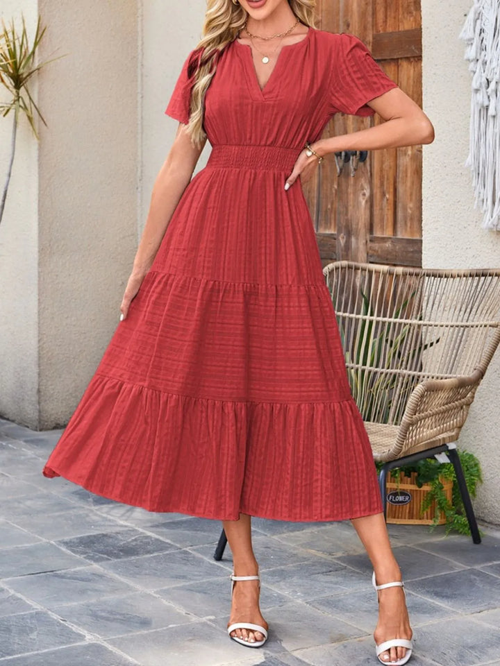 Tiered notched neck short sleeve midi dress with pockets
