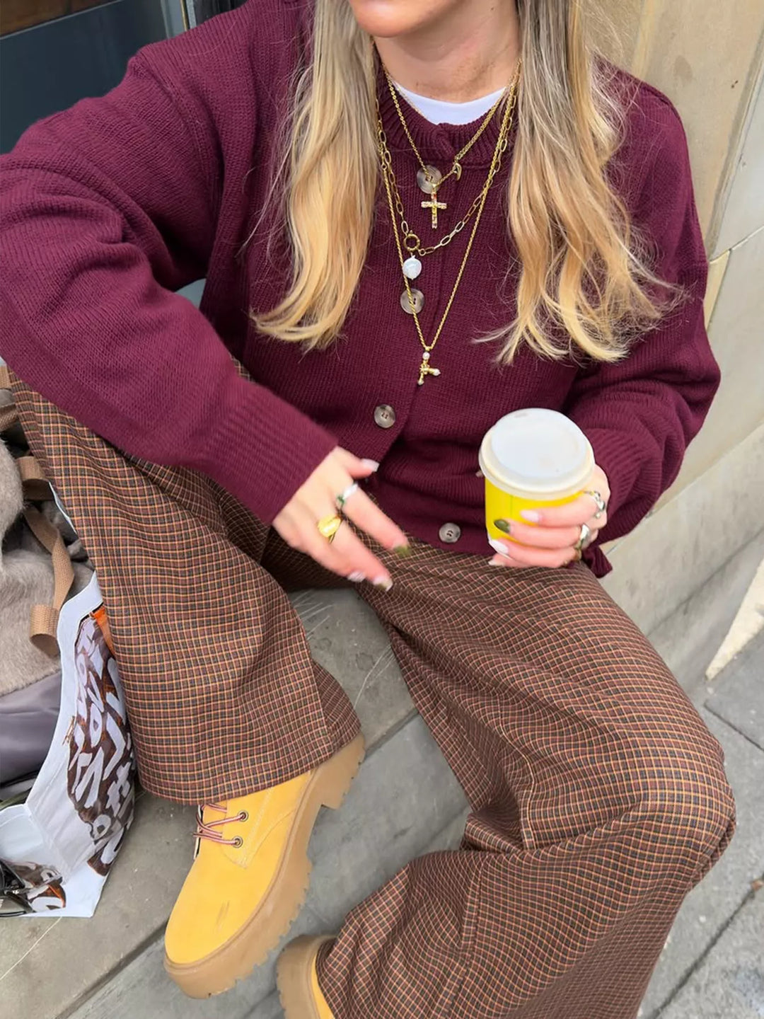 Button-front drop shoulder knit cardigan with patch pockets