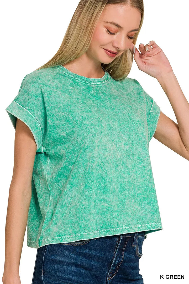 Washed cotton cuffed short sleeve crew neck top