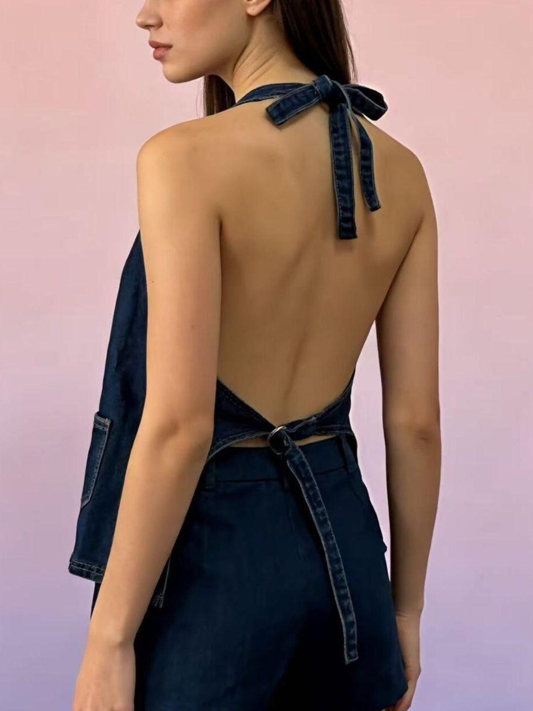 Halter neck button-down denim vest with patch pockets