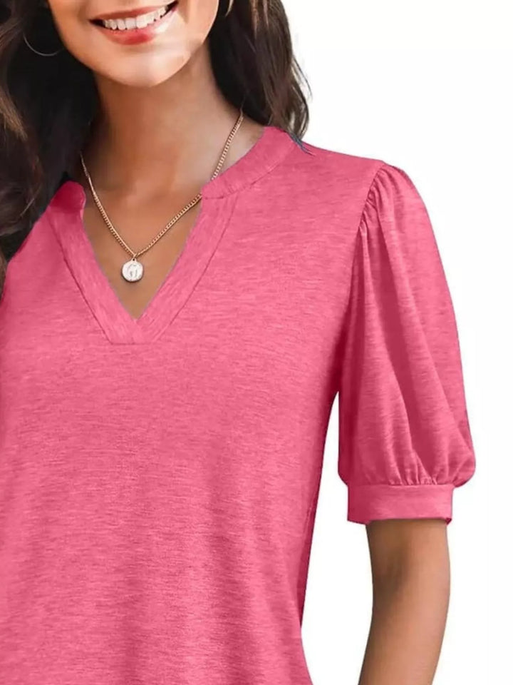 Short puff sleeve notched V-neck casual tee