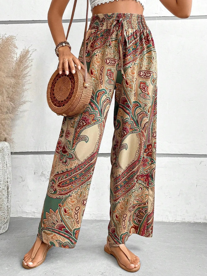 Paisley print wide-leg pants with drawstring waist