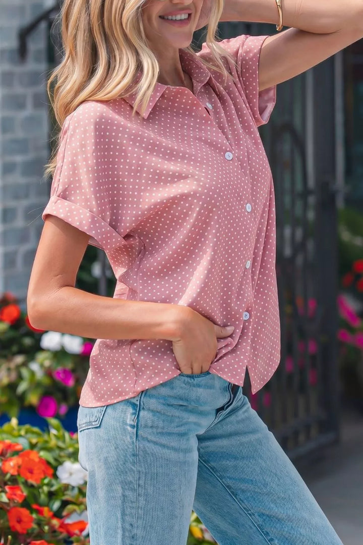Polka dot short-sleeve button-down collared shirt
