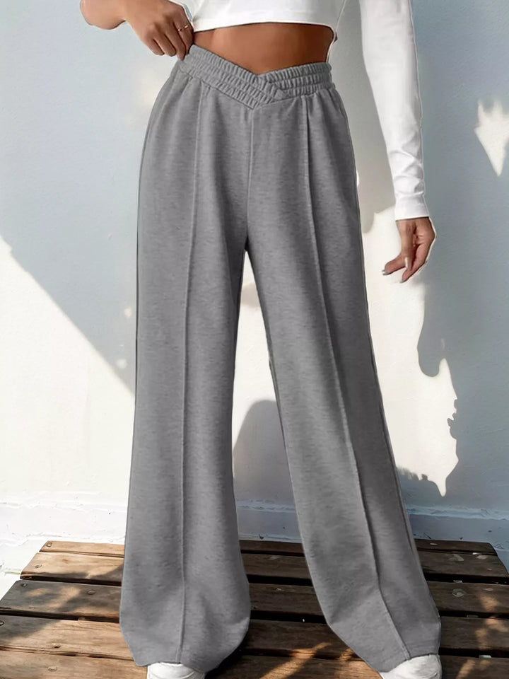 Gray High waist wide leg pull-on pants with V-notch waistband