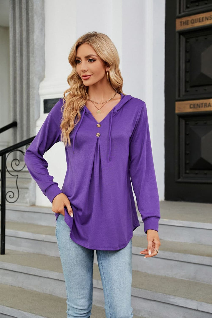 Purple Hooded drawstring tunic blouse with button placket
