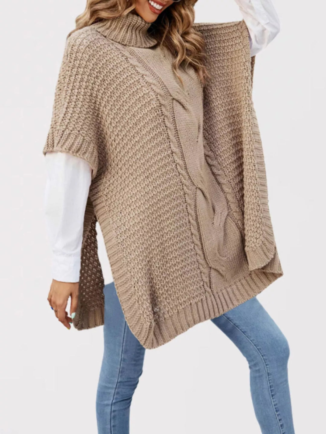 Cable-knit turtleneck short sleeve oversized tunic sweater