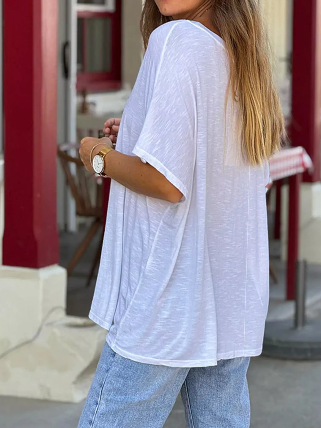 Relaxed v-neck heathered jersey tee with batwing sleeves