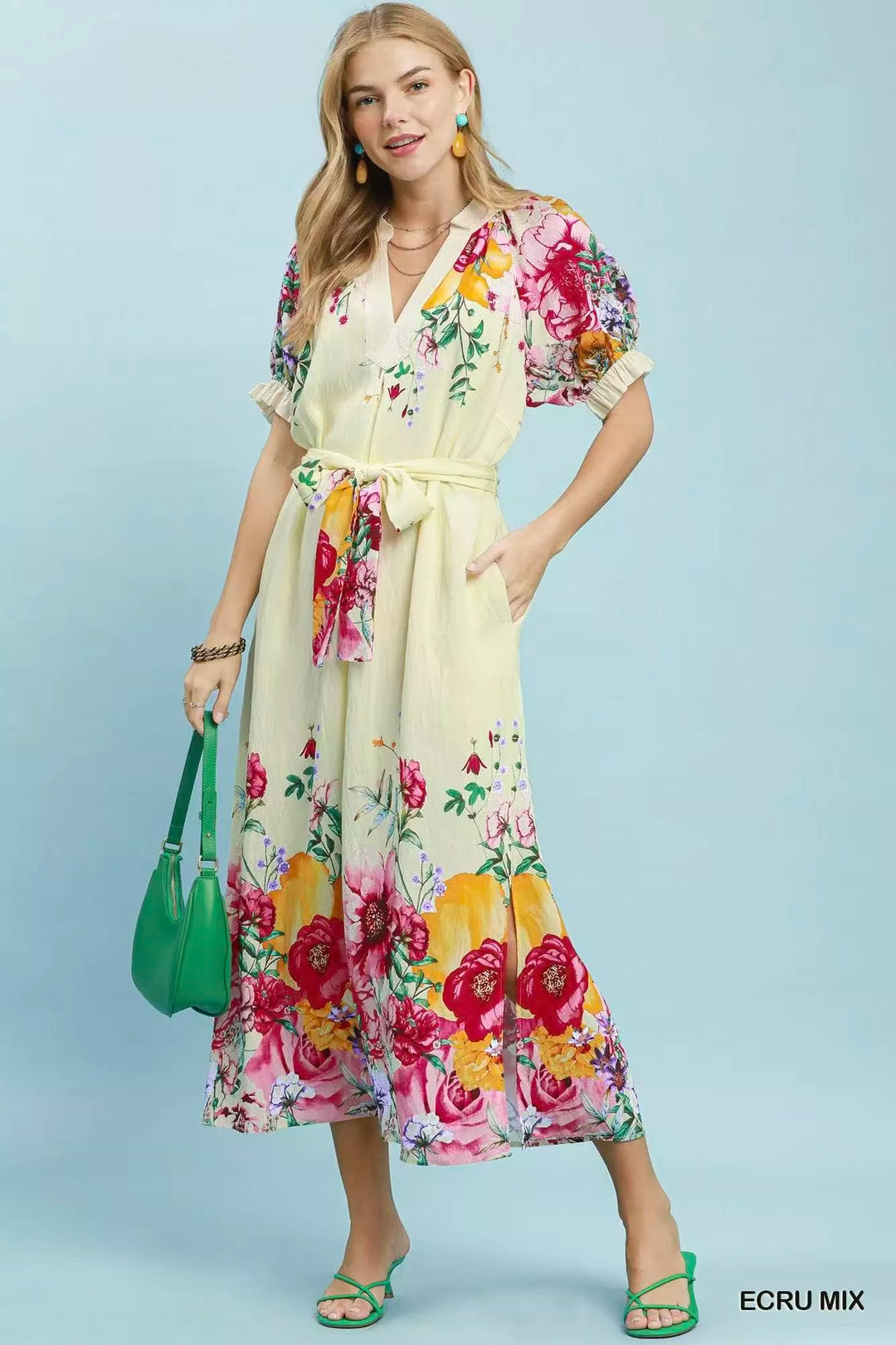 Floral border print midi dress with puff sleeves and tie belt