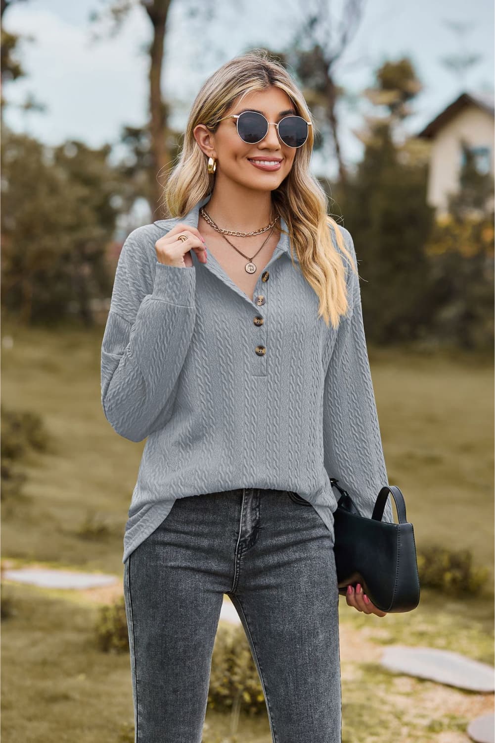 Textured knit collared top with half-button placket