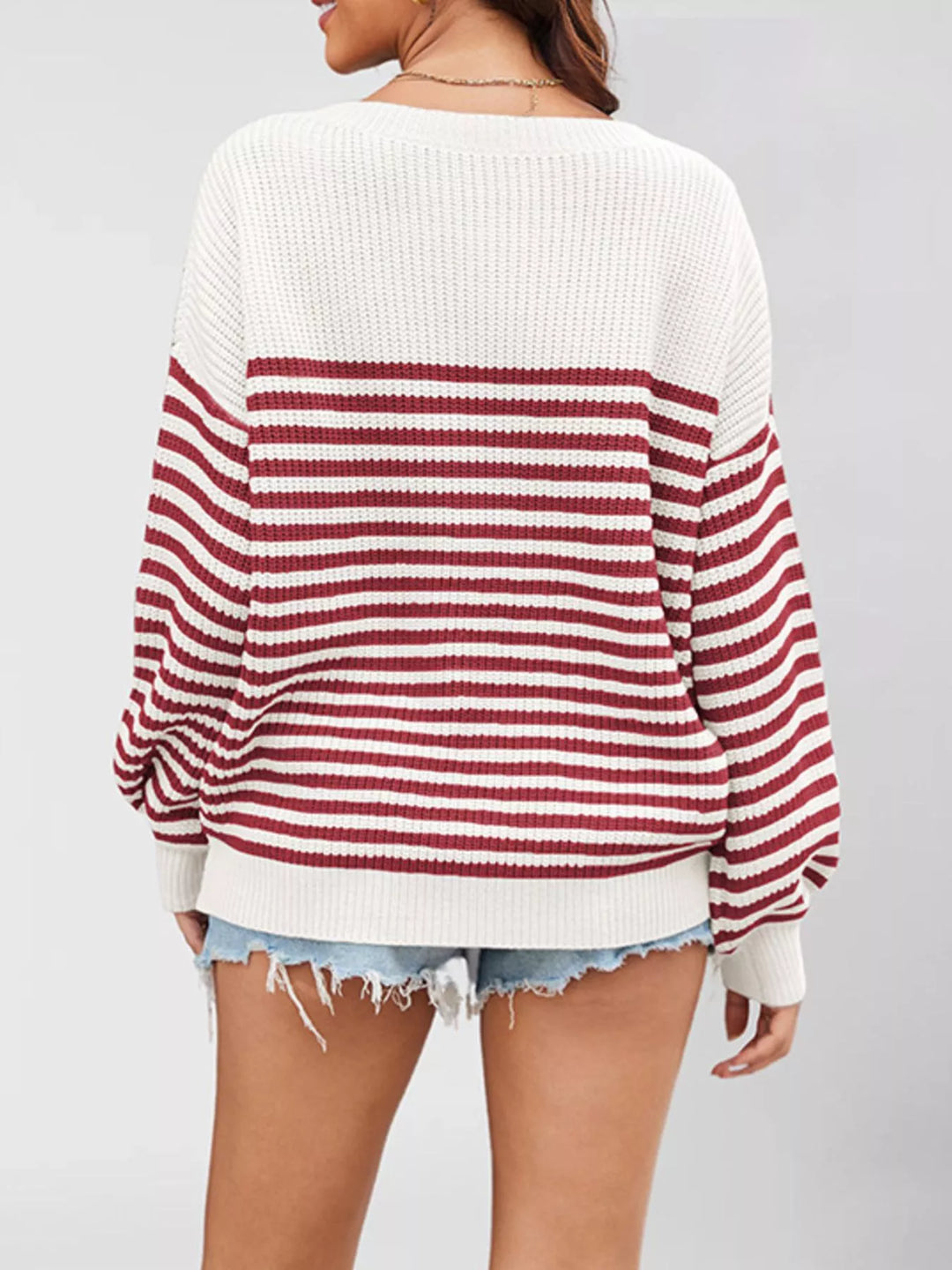 Striped ribbed knit drop shoulder pullover sweater