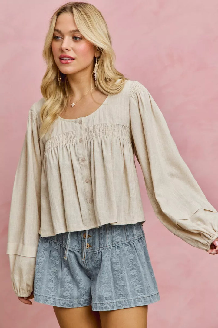 Smocked button-front puff sleeve linen blend top