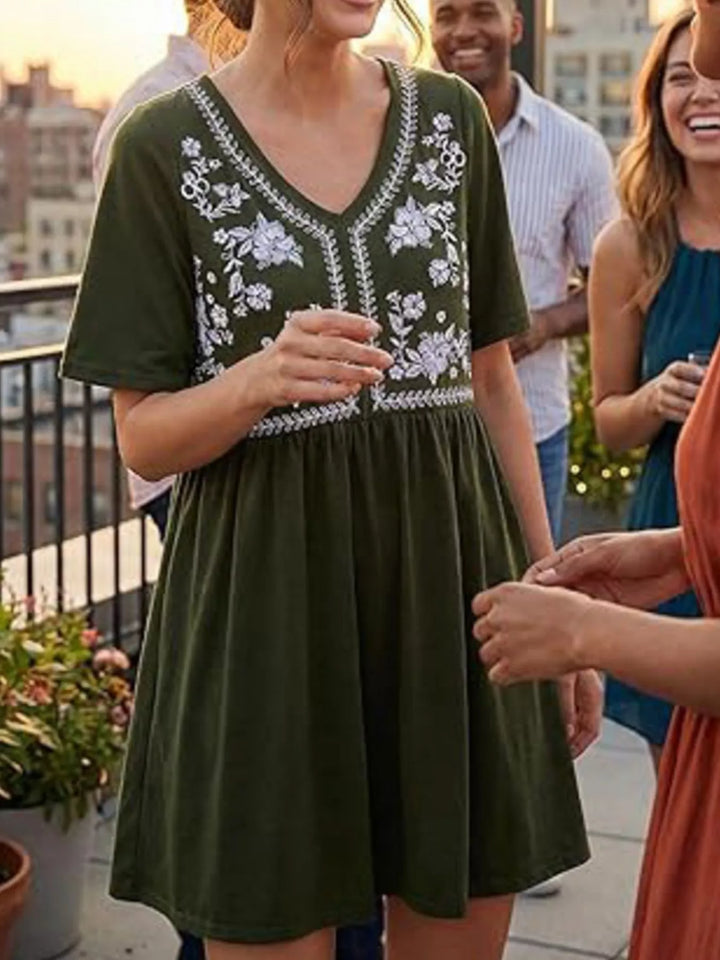 Floral embroidered v-neck babydoll mini dress