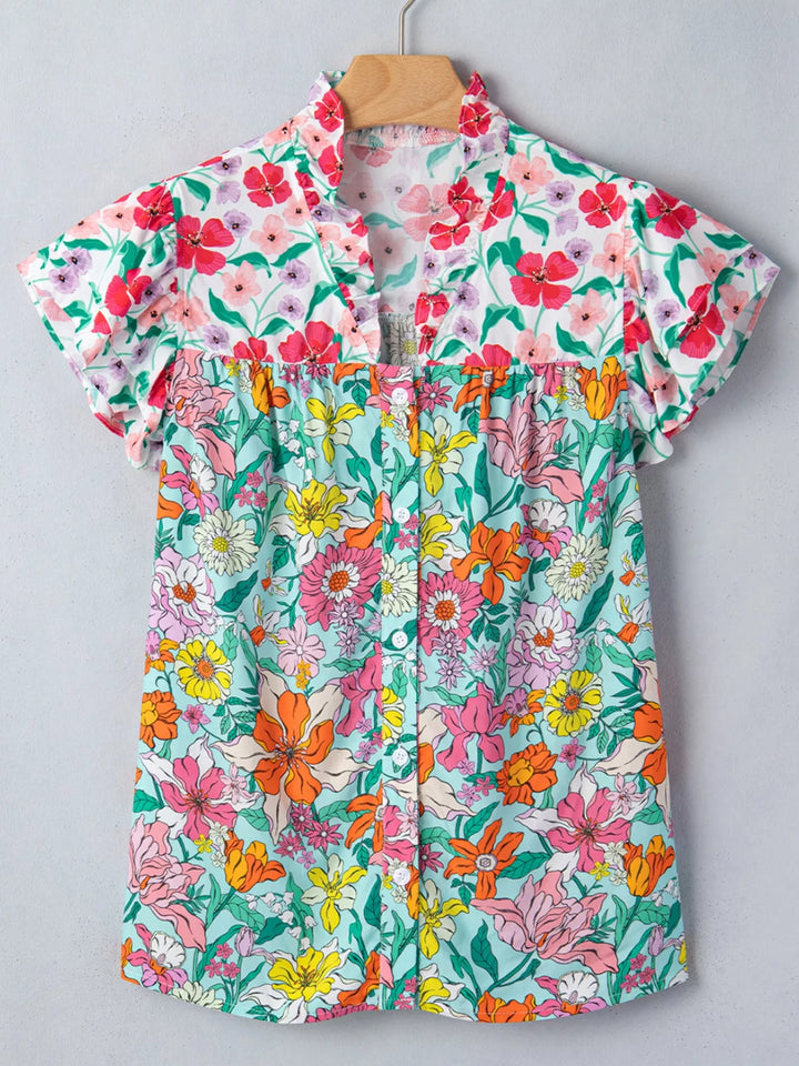 Floral flutter sleeve split-neck button-front blouse