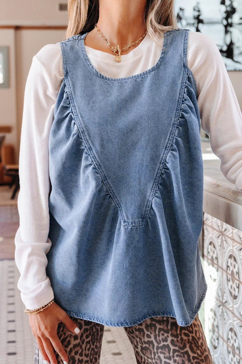 Pleated patchwork sleeveless denim swing top
