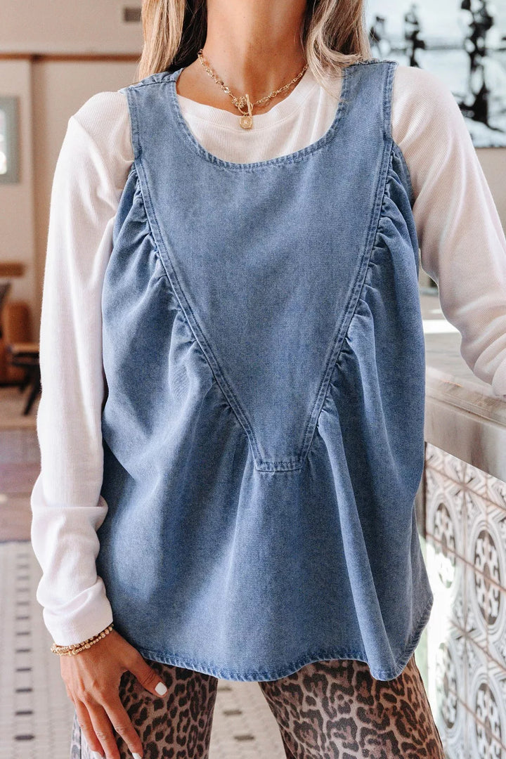 Pleated patchwork sleeveless denim swing top