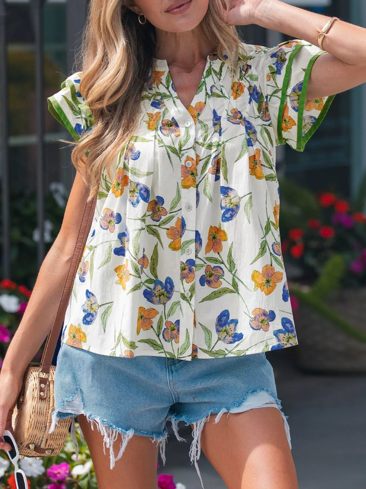 Watercolor floral ruffle-sleeve V-neck cotton blouse