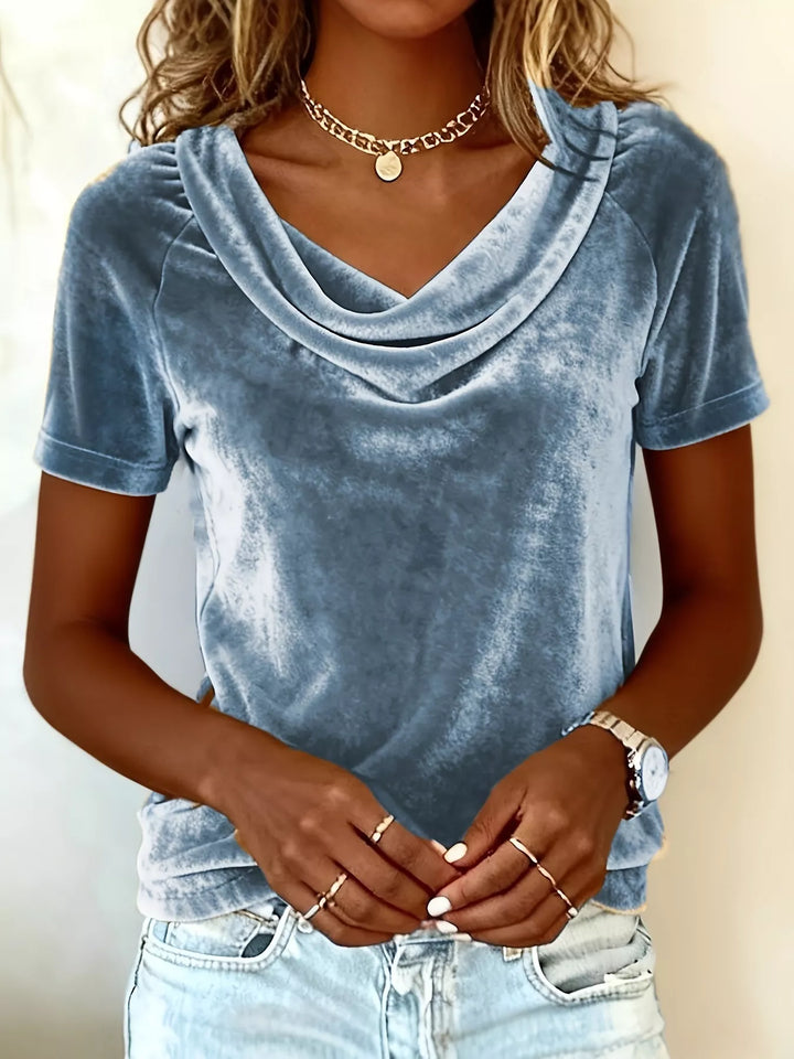 Draped cowl neck velvet top with short sleeves