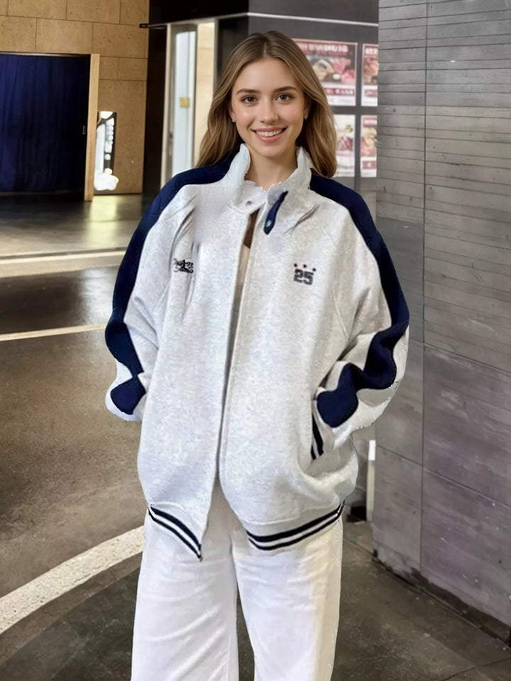 Gray Color block zip-up track jacket with striped ribbed hem